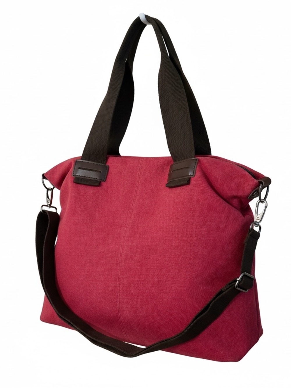 Everyday Canvas Tote Bag - Bright Burgundy Red with Brown Straps Adjustable